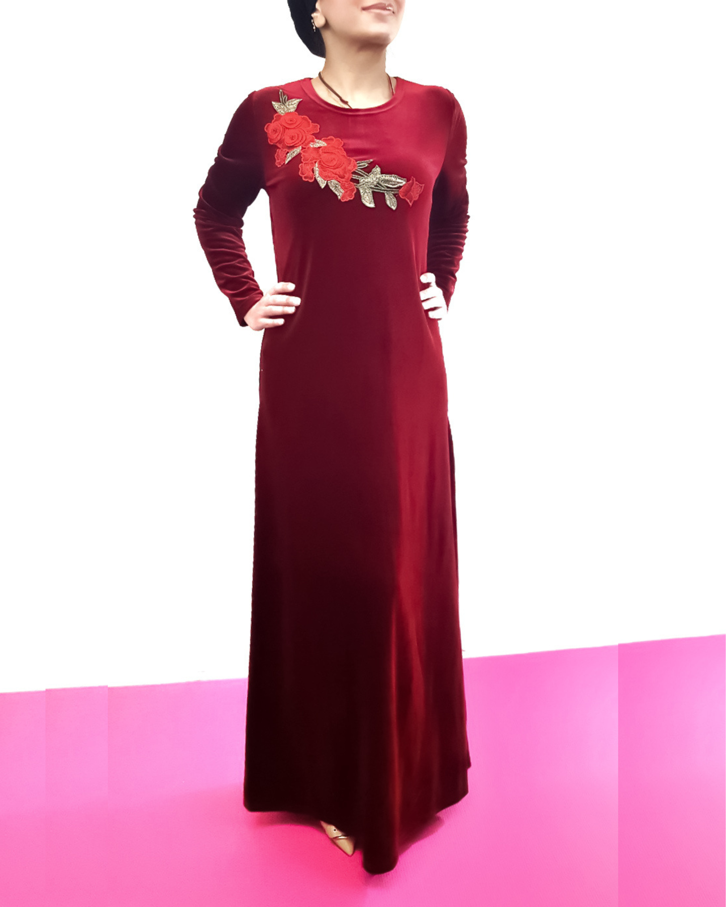Maroon Velvet Applique Dress