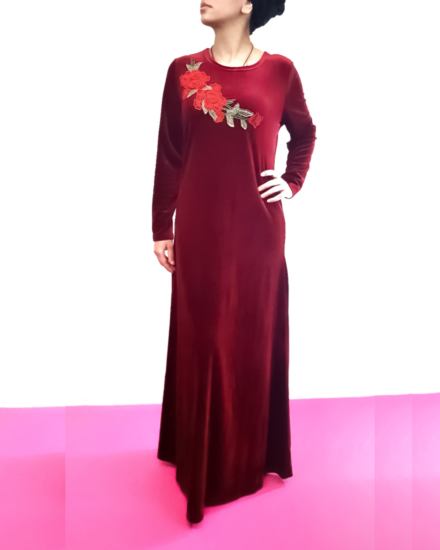 Maroon Velvet Applique Dress
