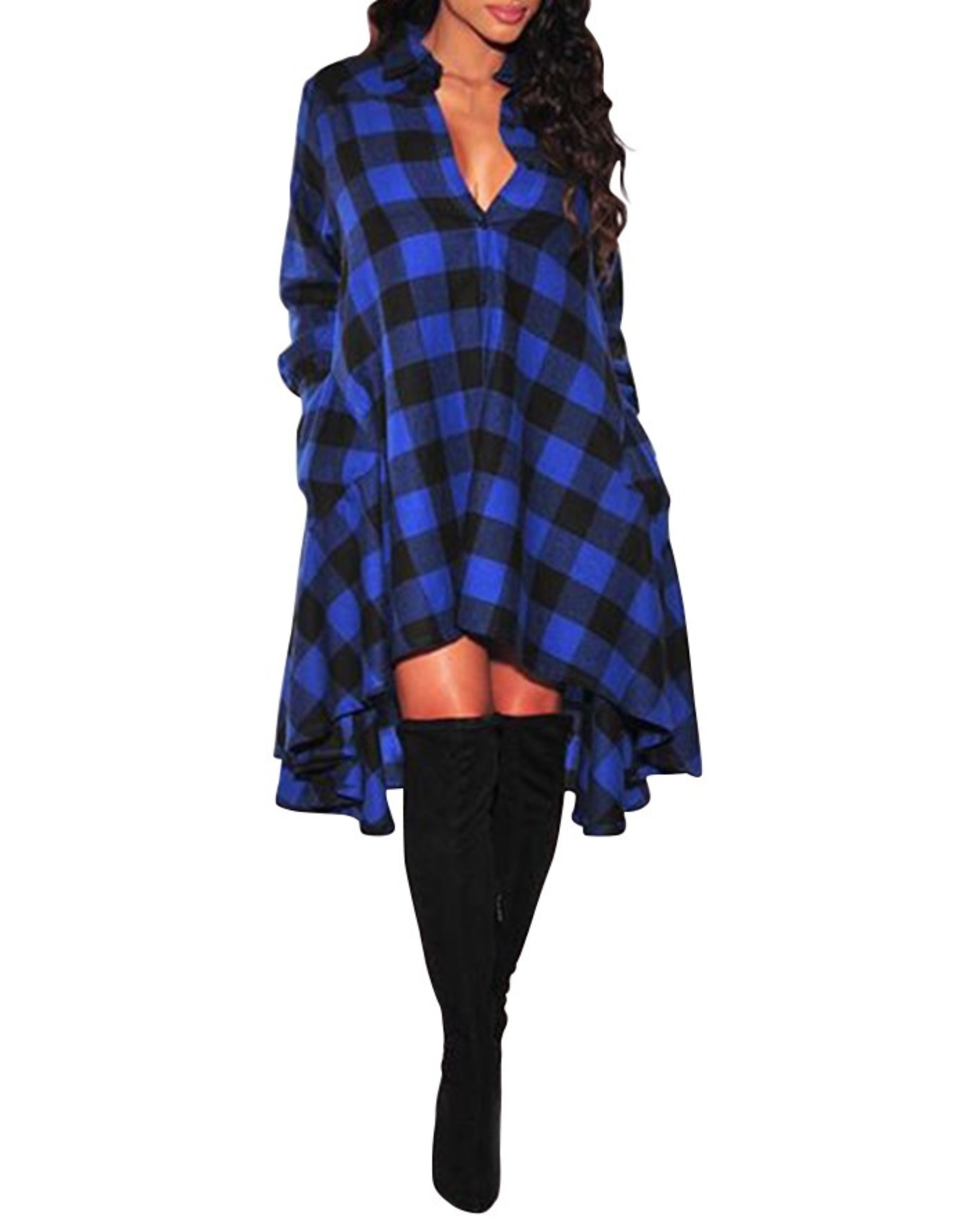 Navy and Black Plaid Tunic Shirt — Relaxed Fit with Pockets
