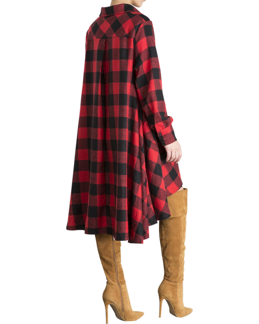 Red and Black Plaid Tunic Shirt — Relaxed Fit with Pockets