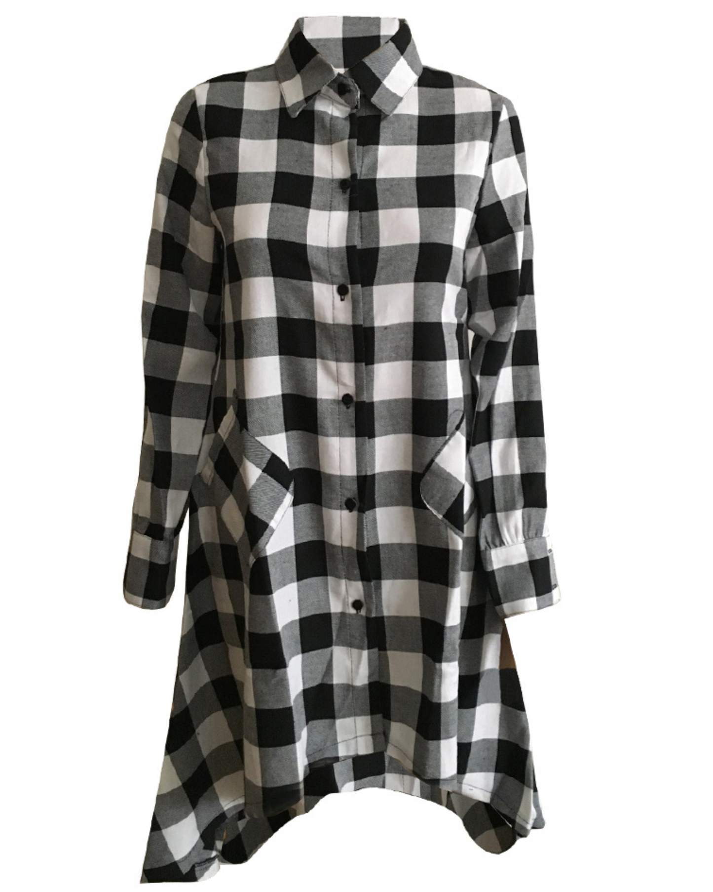 White and Black Plaid Tunic Shirt — Relaxed Fit with Pockets
