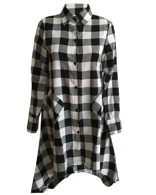 White and Black Plaid Tunic Shirt — Relaxed Fit with Pockets