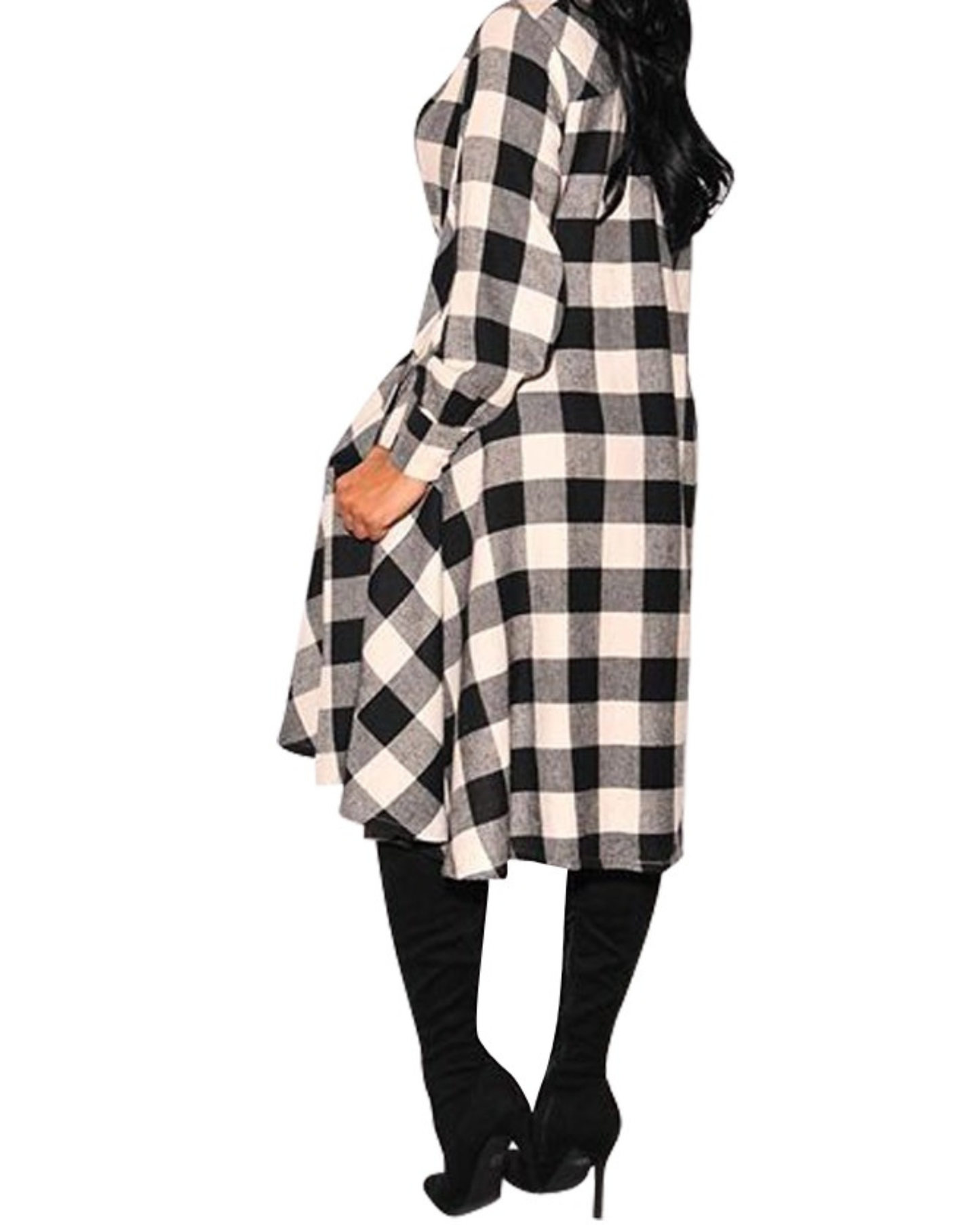 White and Black Plaid Tunic Shirt — Relaxed Fit with Pockets